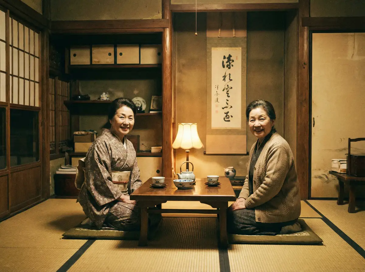 两位优雅的 工口实验室 在日式茶室中品茶交谈